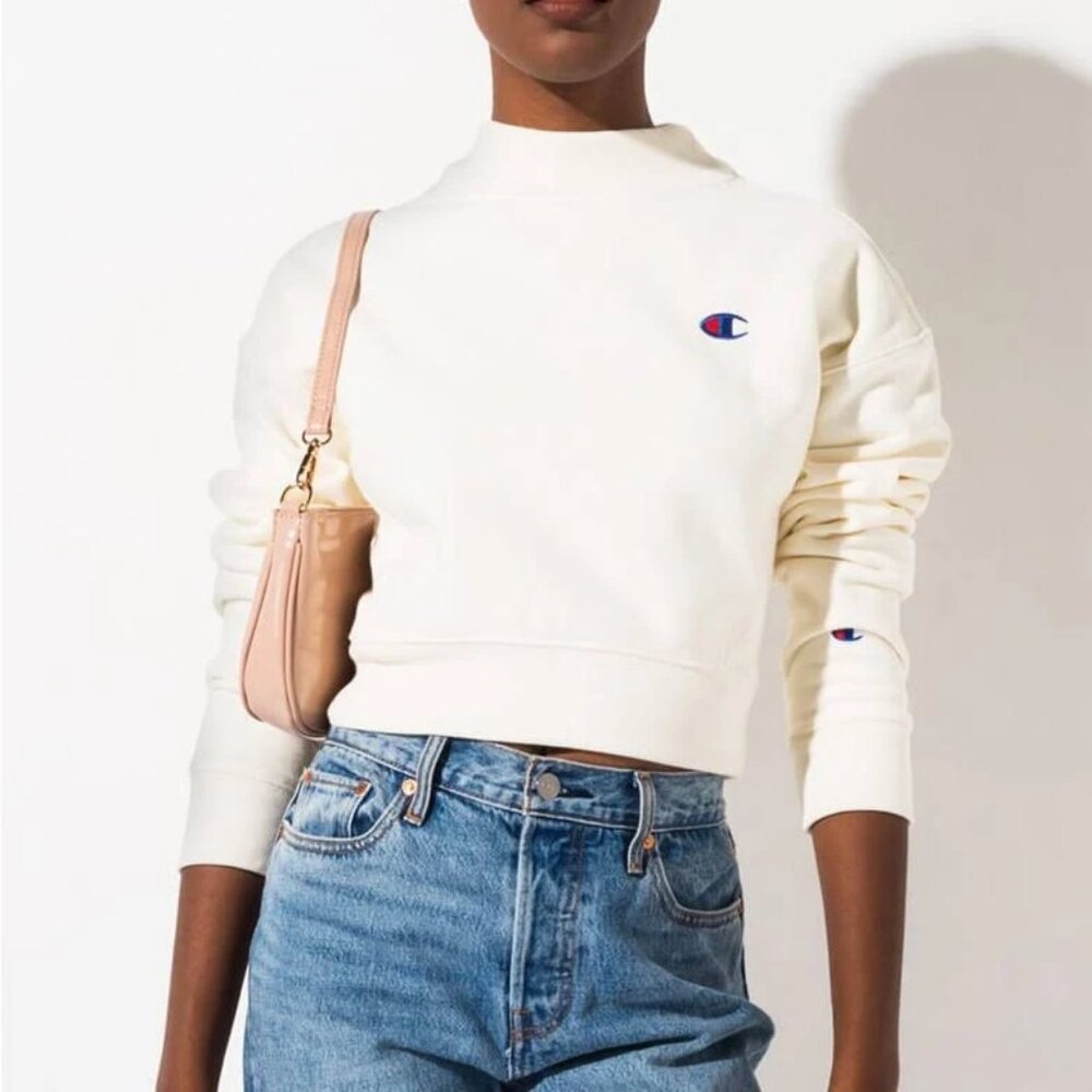 Champion Off-White Reverse Weave Mock Neck Cropped Sweatshirt, Size XS, GUC